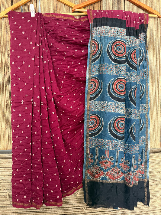 Maroon chanderi silk bandhani handcrafted ajrakh sari