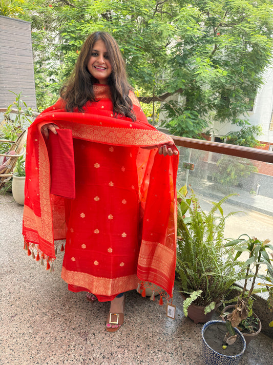 Red orange kora silk certified handloom banarsi kadwa booti three piece suit
