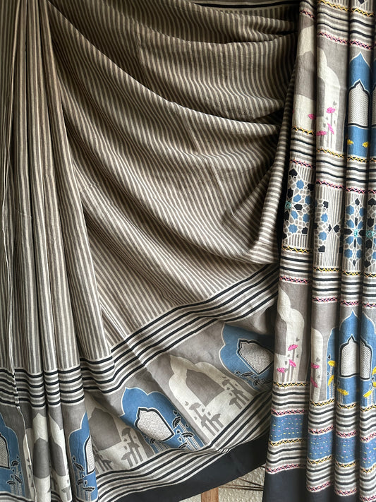 Beige blue green cotton ajrakh handembroidery sari