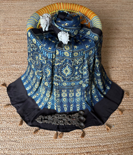 Indigo blue ajrakh modal silk handcrafted stole