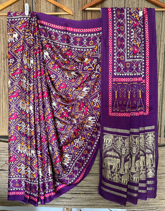Purple modal silk patola print sari with zari border pms-