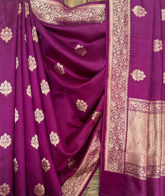 Raspberry raw mango silk certified handloom banarsi sari with woven zari