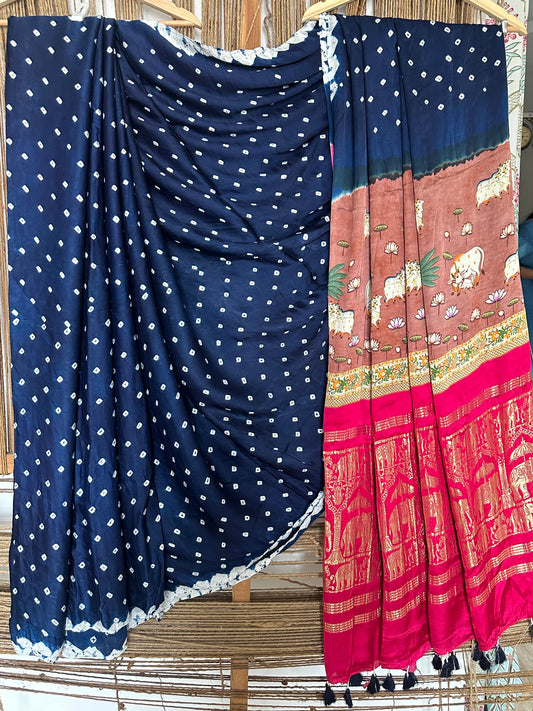 Blue modal silk bandhani handcrafted with pichwai print sari in nakshi elephant border bps 6