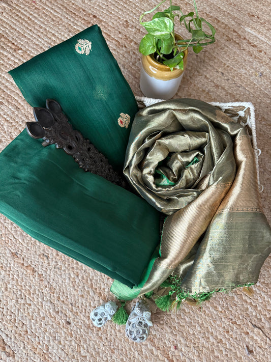 Green Kora Silk Certified Handloom Banarsi Kadwa Booti Three Piece Suit