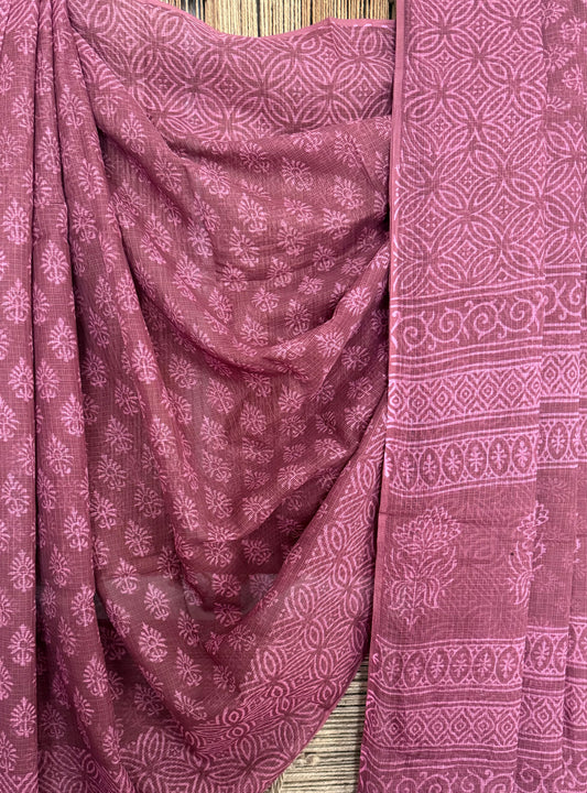 Burnt burgundy kota doria handblock sari