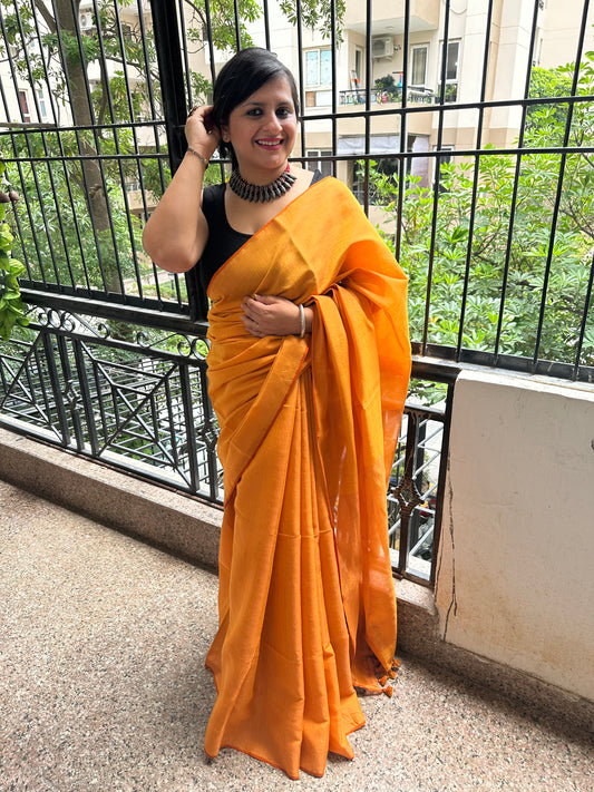 SANDALWOOD YELLOW GOLD TISSUE LINEN ZARI SARI WITH WOVEN RED BORDER TL-7