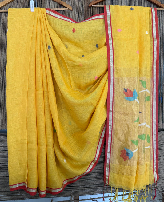 Dandelion yellow handwoven pure linen silk jamdani sari with zari pallu