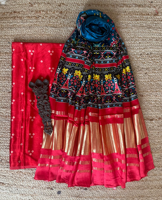 Red three dot mashru silk kurta with patola handcrafted modal silk dupatta