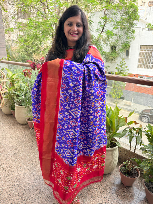 MAJORELLE BLUE - HANDSPUN HANDWOVEN POCHAMPALLY IKAT SILK DUPATTA WITH ZARI BORDER