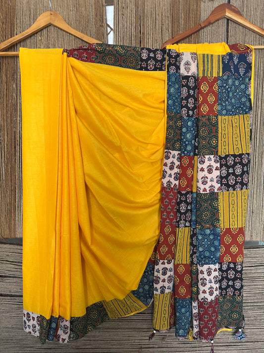 Gamboge yellow patch work ajrakh hand crafted mull saree