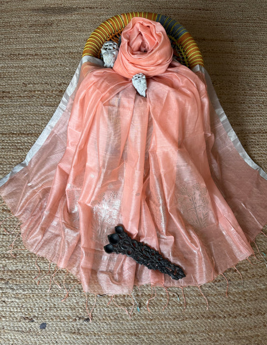 Light peach pink chanderi silk handloom dupatta