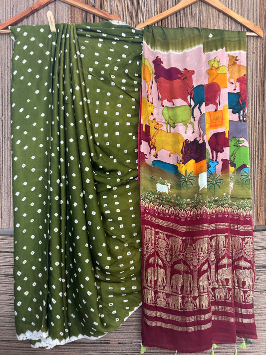 Mehendi green modal silk bandhani sari with pichwai print bps 29