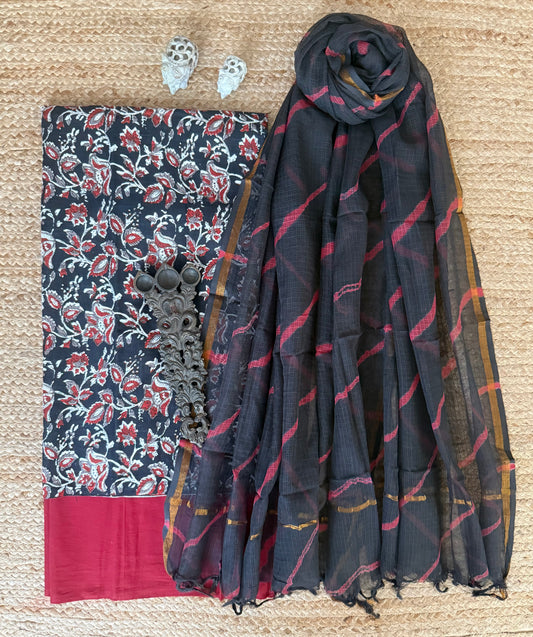 BLACK & MAROON COTTON HANDBLOCK SUIT SET