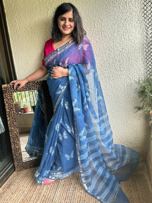 Indigo akola kota doria handblock sari
