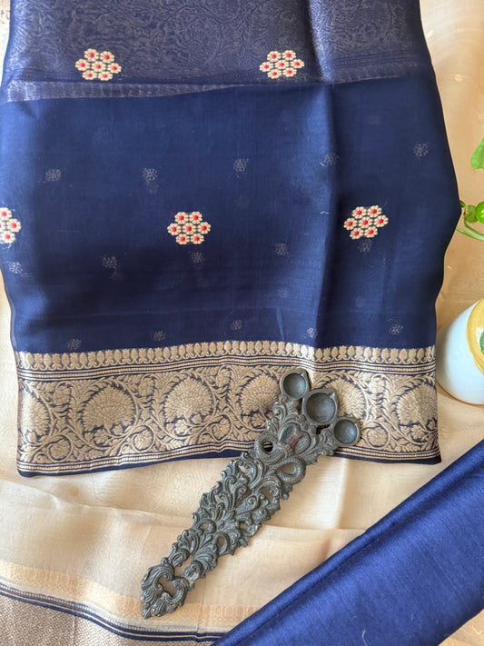 ROYAL BLUE RAW SILK CERTIFIED HANDLOOM BANARSI KADWA BUTTI WITH WOVEN ZARI THREE PIECE SUIT