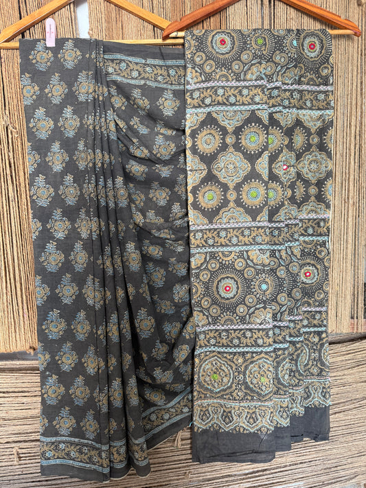 Hunter green mull cotton ajrakh hand crafted sari