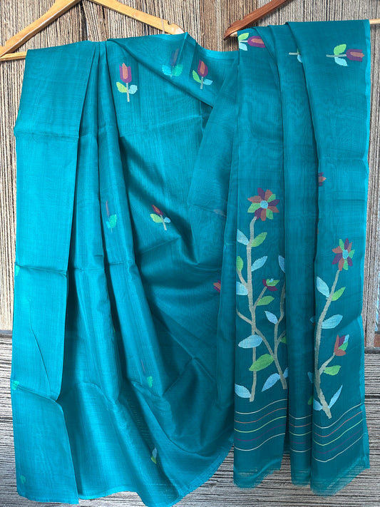 Pine green jamdani handwoven pure muslin silk sari