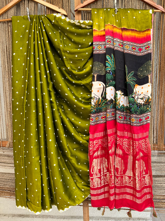 Mehendi green modal silk bandhani sari with pichwai print
