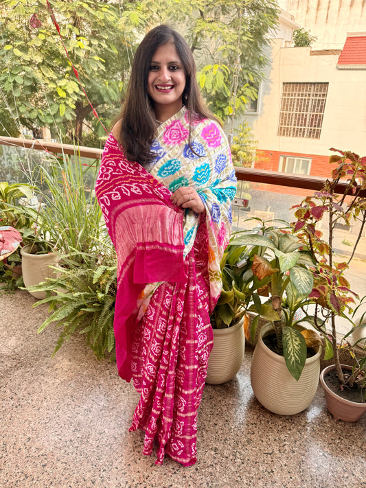 Hot pink multi colour gajji silk gharchola rai bandhani gajji sari