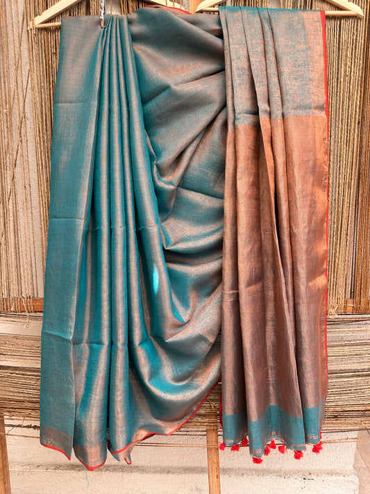 TEAL BLUE TISSUE LINEN ZARI SARI WITH WOVEN RED BORDER TL-29