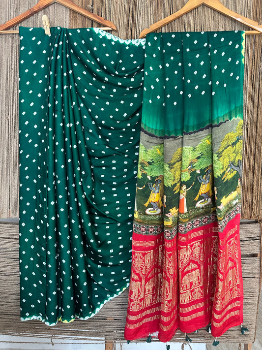 Hunter green modal silk bandhani sari with pichwai print bps