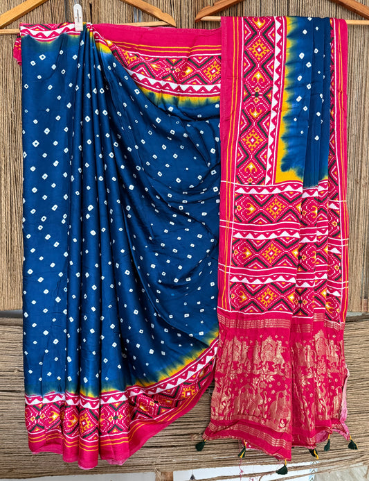 Blue pink modal silk bandhani sari with patola printbps 41