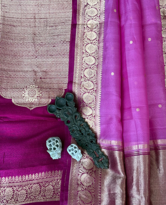 Magenta purple raw silk certified handloom banarsi kadwa butti with woven zari three piece suit