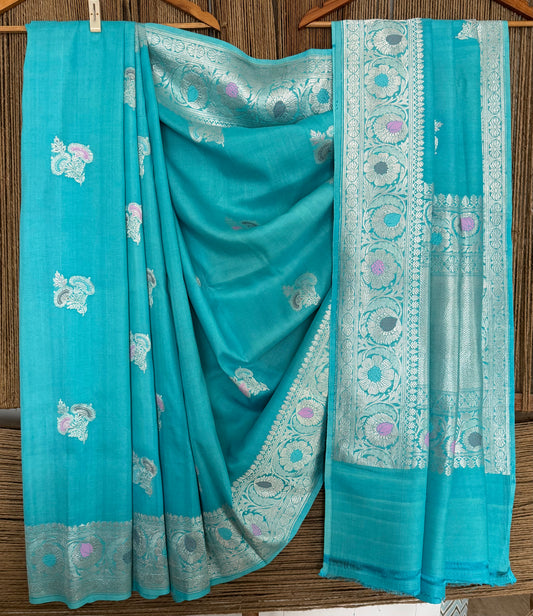 Sky blue tussar georgette silk certified handloom banarsi sari with woven zari