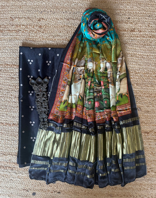 Black mashru silk kurta with patola handcrafted modal silk dupatta ps- 1048