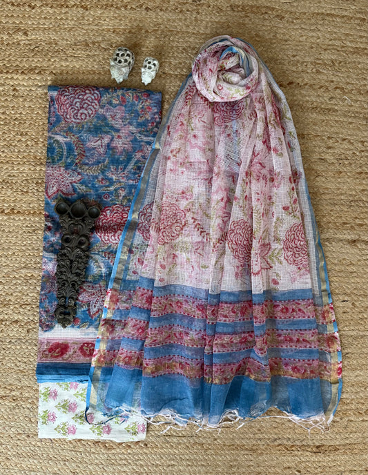 Steel blue turquoise kota handblock suit set