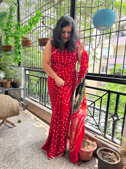 Red modal silk bandhani handcrafted with pichwai print sari in nakshi elephant border