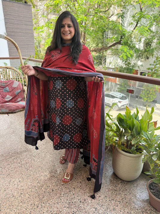 Maroon & black ajrakh contemporary cotton handblock kurta set