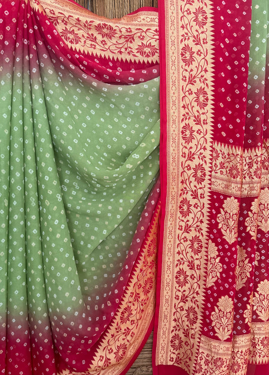 Pista green & red handwoven neem zari bareek bandhani saree with khaddi georgette bs- 303