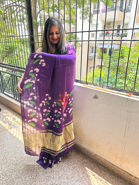 Purple pichwai modal silk patola print sari with zari border pms- 101
