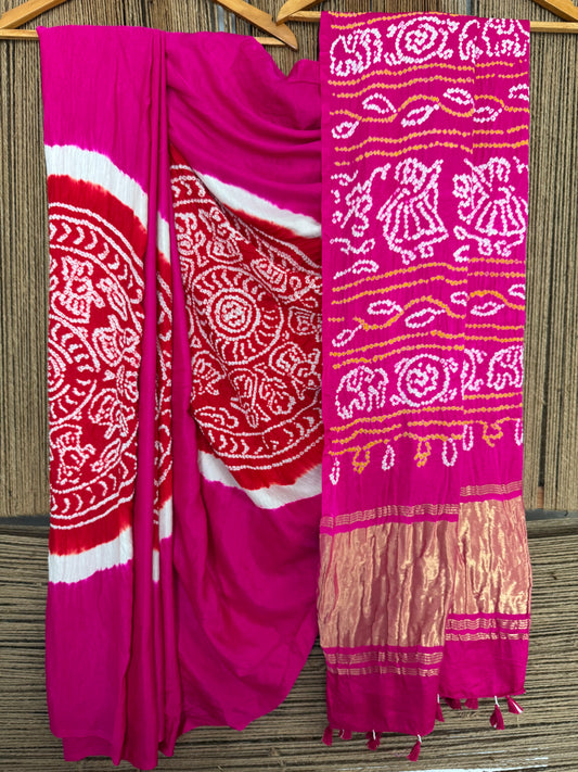 Pink & red gajji silk rai bandhani chakra theme gajji sari bs- 202