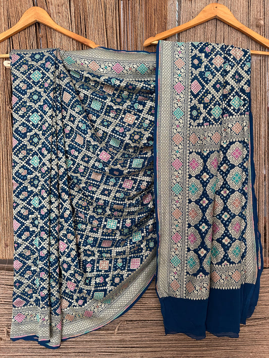 Navy blue handwoven neem zari bareek bandhani saree with khaddi georgette with meenakari work bs- 16
