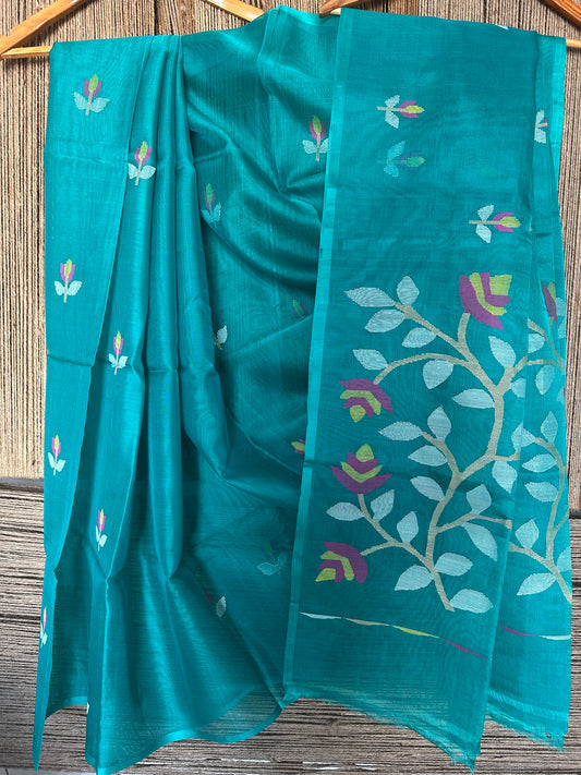 Teal blue jamdani handwoven pure muslin silk sari
