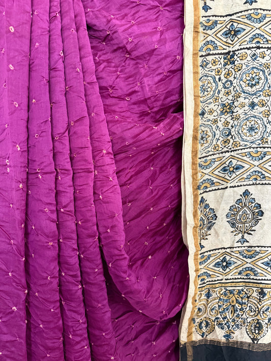 Bright purple chanderi silk bandhani handcrafted ajrakh sari