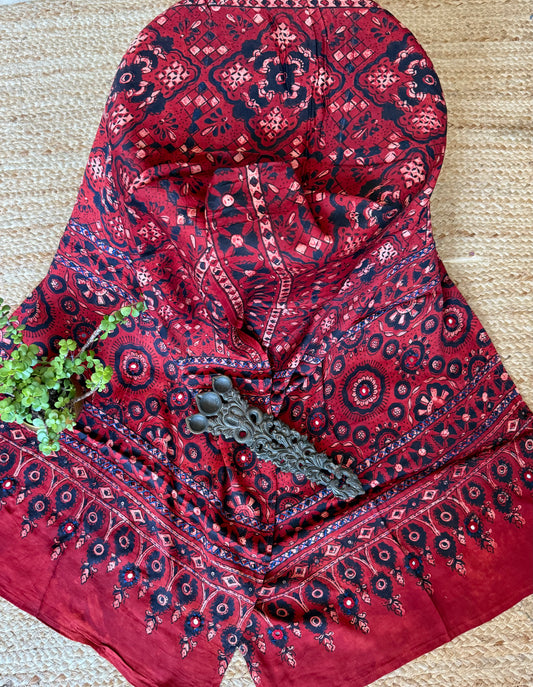 MAROON AJRAKH MODAL SILK STOLE WITH HAND EMBROIDERY MIRROR WORK