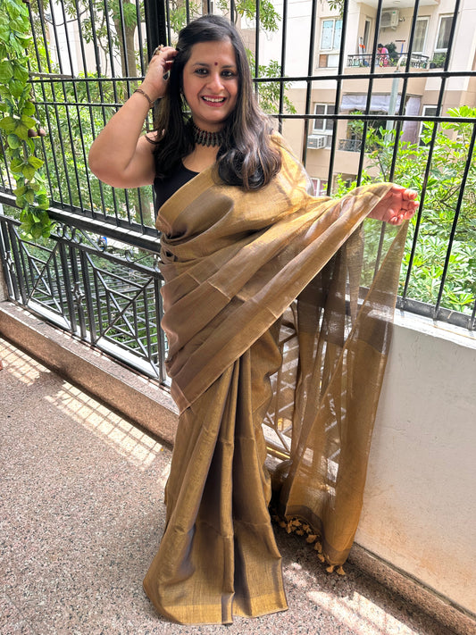 GREY COPPER TISSUE LINEN ZARI SARI WITH WOVEN RED BORDER TL-4