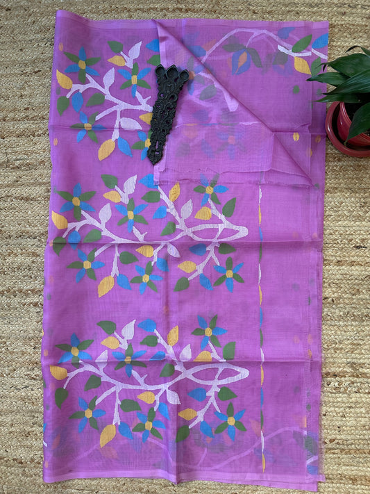 Light purple jamdani handwoven pure muslin silk sari