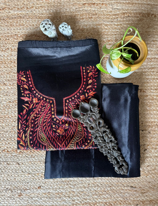 Black mashru silk hand embroidery kashmiri handembroidery sozni work cord set cs-17