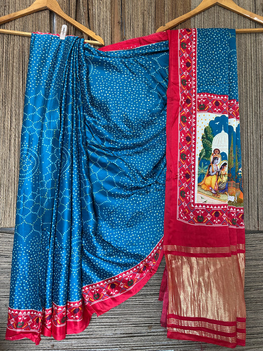 Turquise blue and red pichwai modal silk patola print sari with zari border pms-10140