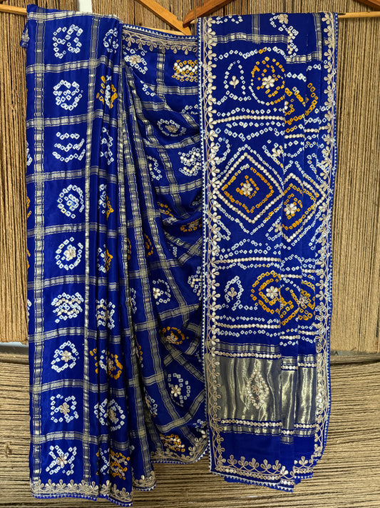 Blue rai bandhani gharcholagajji silk sari with handembroidery gotta patti