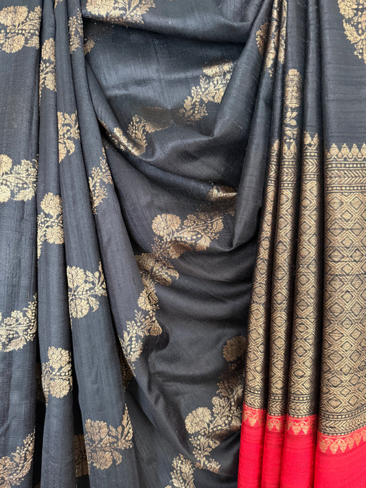 Sable black raw silk certified handloom banarsi sari with woven zari