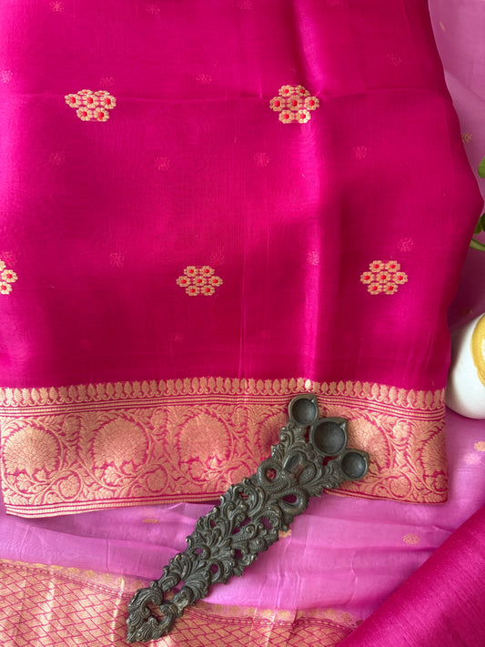 HOT PINK KORA SILK CERTIFIED HANDLOOM BANARSI KADWA BUTTI WITH WOVEN ZARI THREE PIECE SUIT