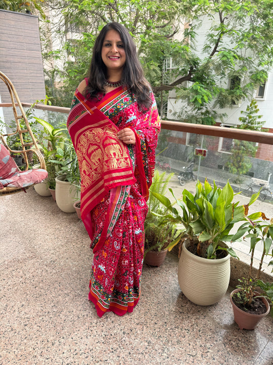 Pink modal silk patola sari with zari border pms-10134