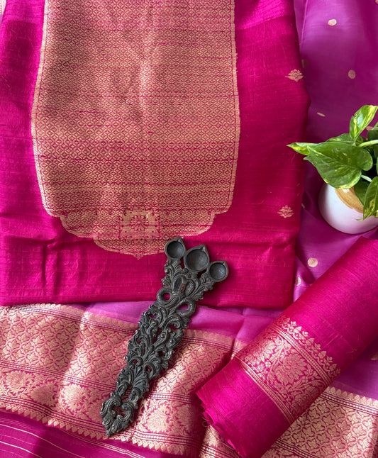 Fuchsia pink raw silk certified handloom banarsi kadwa butti with woven zari three piece suit