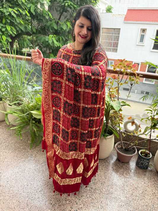 Red solid modal silk suit with ajrakh gharchola handcrafted modal silk dupatta ps-230