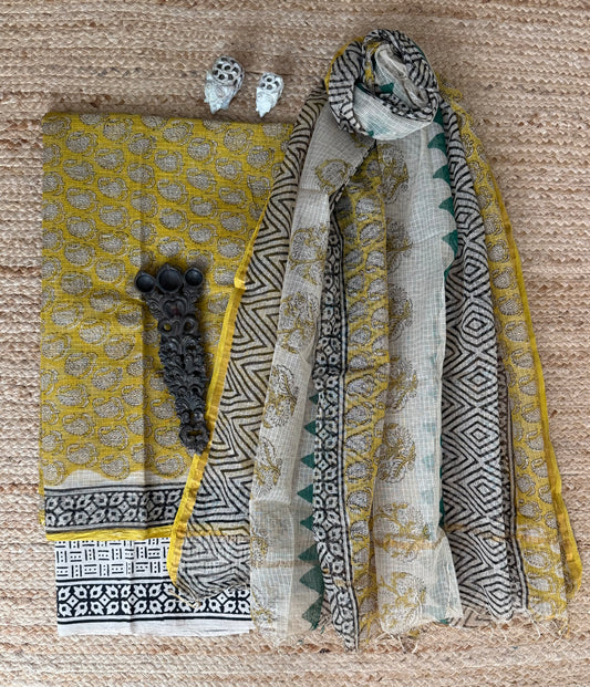 Citrine yellow turquoise kota handblock suit set